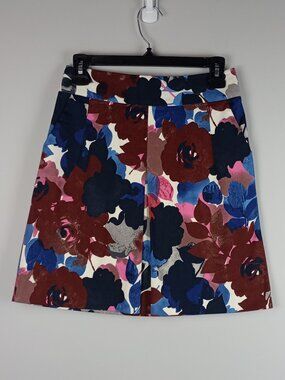 Express Design Studio Women 0 Blue Red Floral Front Pleat Zipper Back Mini Skirt